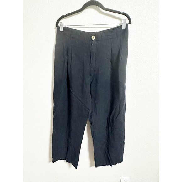 Luxmii Womens Linen Pleated Front Trouser Pants Relaxed Fit‎ Lagenlook Black XL